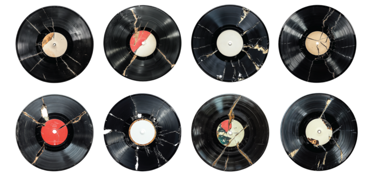 Pack of Damaged vinyl record set against transparent background for discussions on record repair, music issues, or vintage audio equipment