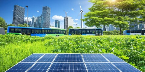 A sustainable urban landscape featuring solar panels, buses, and wind turbines.