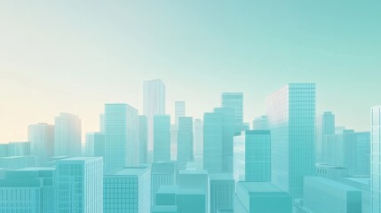 Obraz premium A serene cityscape featuring modern skyscrapers bathed in soft turquoise light.