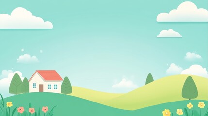 Naklejka premium A serene landscape featuring a house, rolling hills, and a clear sky, ideal for backgrounds or illustrations.