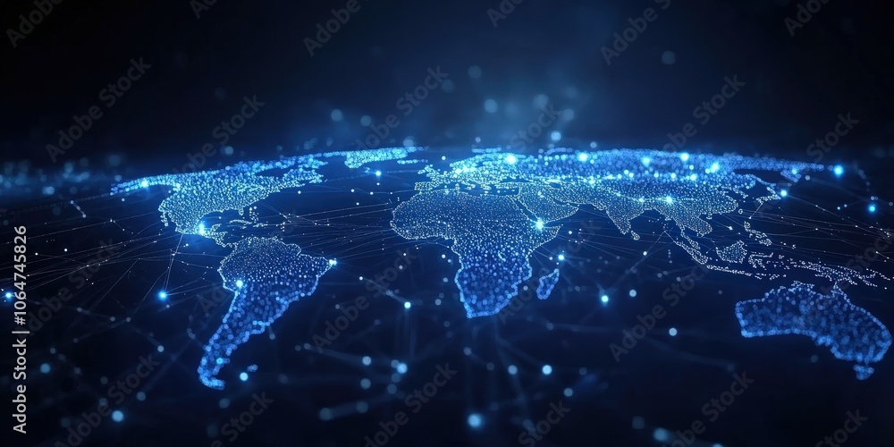 Poster blue abstract digital map of world map with lines and dots conected. suitable for travel, navigation