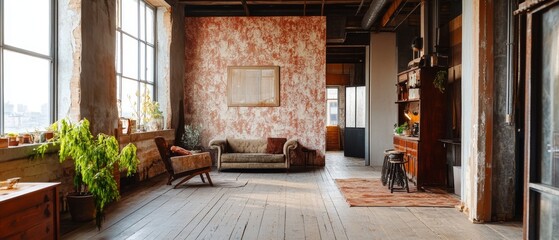 Warm and eclectic loft with exposed vintage wallpaper unfinished walls and a blend of textures and colors for a unique vibe