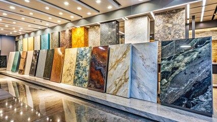 Colorful samples of marble and granite countertops in a store showroom , modern, kitchen, bathroom, remodeling, stone
