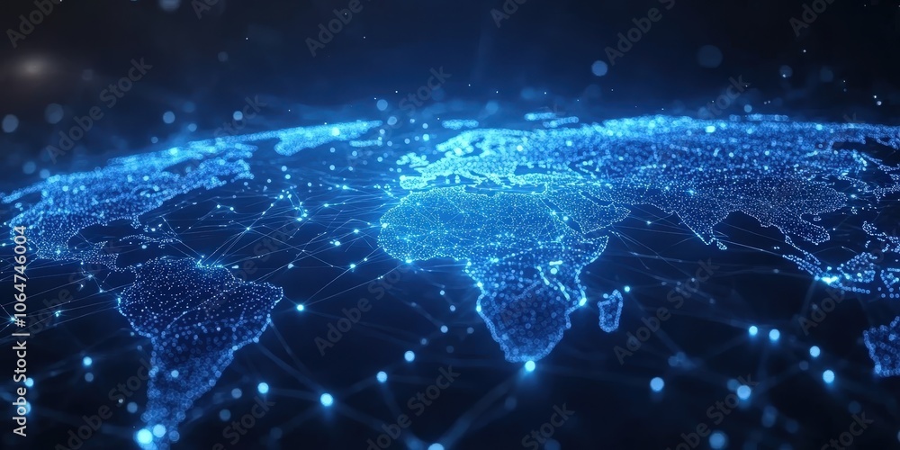 Poster blue abstract digital map of world map with lines and dots conected. suitable for travel, navigation