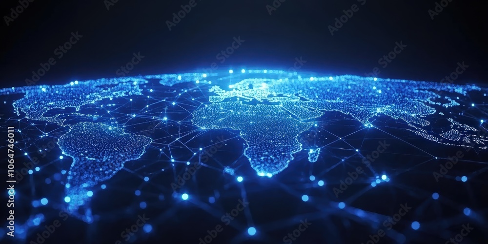 Poster blue abstract digital map of world map with lines and dots conected. suitable for travel, navigation