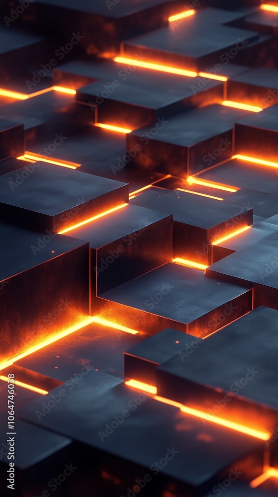 Poster glowing orange lines illuminate dark metallic blocks in a futuristic abstract setting during the eve
