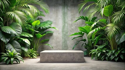Concrete stone podium with lush tropical foliage , podium, stone, tropical, foliage, plants, greenery, nature, jungle
