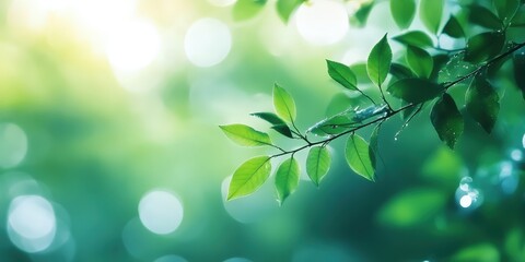 Obraz premium green leaves blurred light background, green Spring bokeh nature abstract background , green leaves with sunlight , banner 