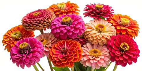 Vibrant bouquet of pink, red, and orange zinnia flowers isolated on white background, zinnia, flowers, bouquet, pink