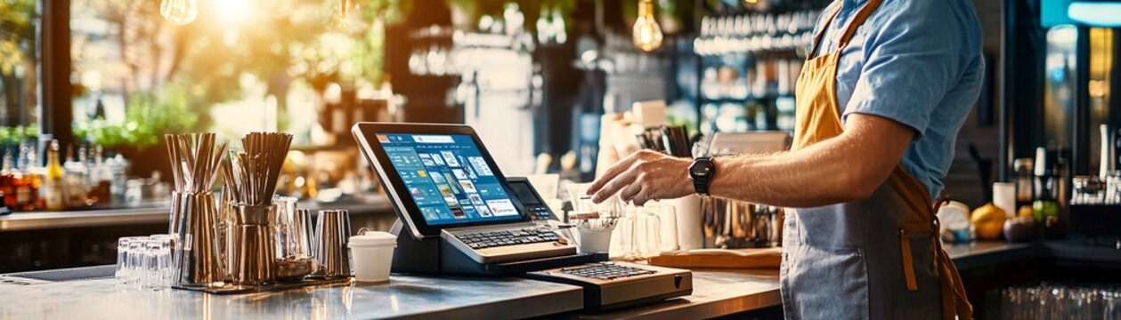 Barista Using POS System for Payment.