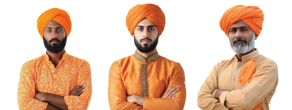 Pack of Man wearing an orange turban with crossed arms set against transparent background for showcasing traditional attire or cultural themes