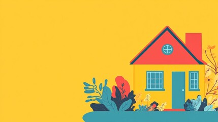 A colorful illustration of a house surrounded by plants against a bright yellow background.