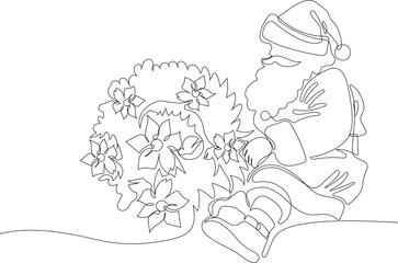 Outlined Cute Santa Claus Cartoon Character With A Sack Full Of Gifts. Vector Hand Drawn Illustration. One continuous line drawing Santa Claus on reindeer and sled. concept for Christmas and New Year