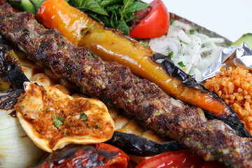 Mixed grilled meat kebab, Adana shish, Urfa kebab, Chicken grill, Lamb shish, Beef meatballs. Mixed Turkish kebab