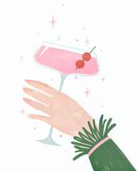 Hand with cocktail. Naive style watercolor illustration. Christmas clip art for invitation cards and presents.