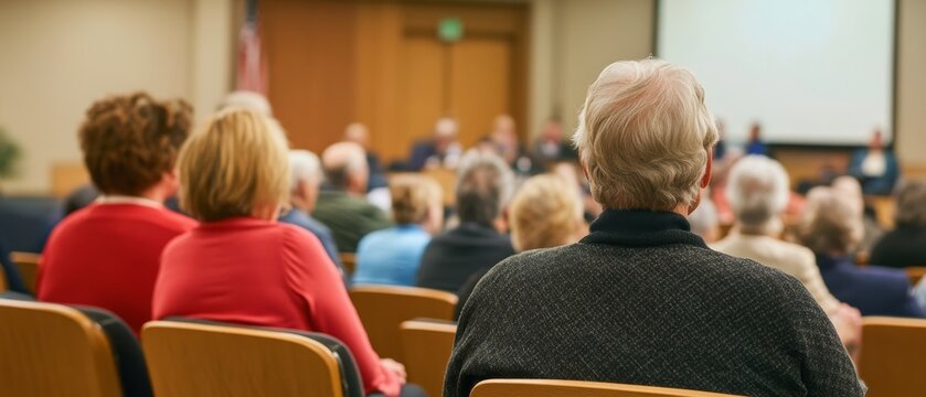 A town hall meeting about retirement savings and social security with seniors in attendance emphasizing public policy impacts