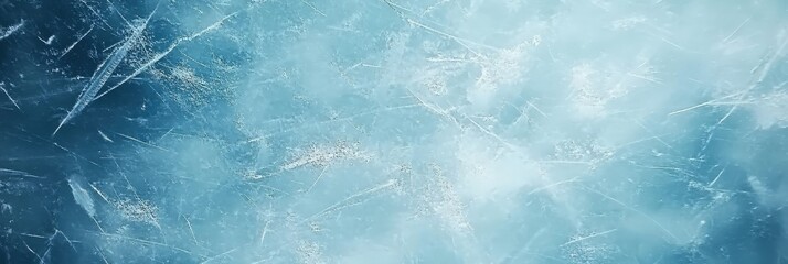 Fototapeta premium Beautiful winter natural blue ice texture of surface of frozen. Nature abstract pattern of white cracks. Winter seasonal background, mock up, flat lay, ice texture background,ice banner