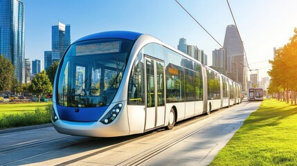 Fototapeta premium A modern tram in a cityscape with skyscrapers and green spaces.