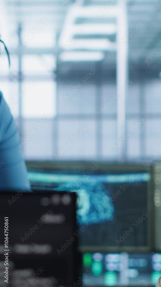 Poster engineer working with colleague on computer in high tech data center establishment monitoring hardwa