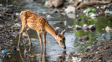 Deer drink from polluted streams risking poisoning from toxic waste deer by contaminated water stop environmental pollution concept