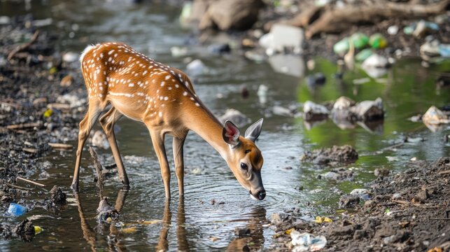 Deer drink from polluted streams risking poisoning from toxic waste deer by contaminated water stop environmental pollution concept