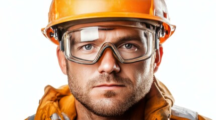 A worker wearing a helmet and safety glasses, isolated on a white background.