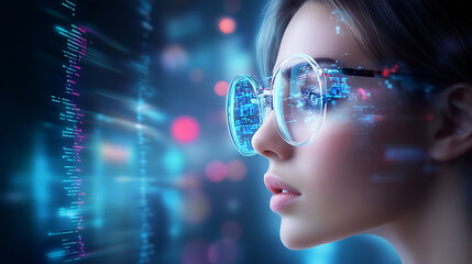 Women in glasses reading html scripts, programming and cyber security research, plus data analytics and holograms of data. A coding or IT person in glasses is reading html scripts