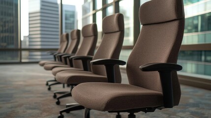 Fototapeta premium A row of ergonomic office chairs arranged neatly in a modern workspace with glass windows, ideal for corporate settings and professional environments.