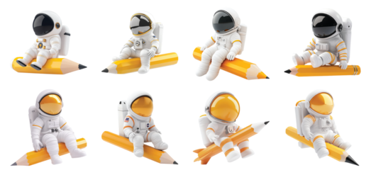 Pack of Astronaut sitting on a pencil set against transparent background for space-themed illustrations or educational content