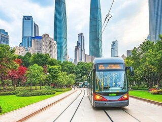 Naklejka premium A modern tram travels through a lush urban park with skyscrapers in the background.