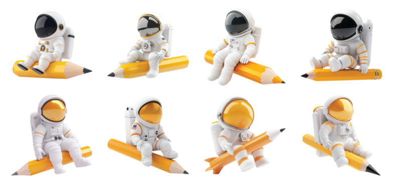 Pack of Astronaut sitting on a pencil set against transparent background for space-themed illustrations or educational content
