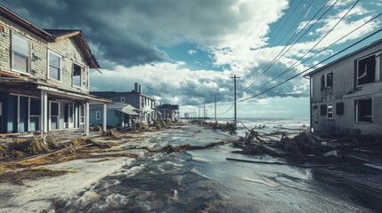 Obraz premium Environmental issue of climate change problem storm-ravaged coastal town with damaged buildings and downed power lines concept of extreme weather events