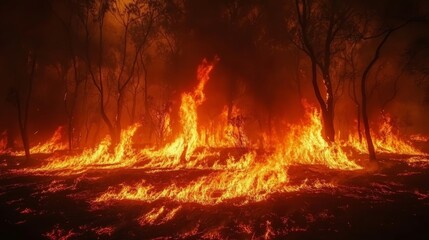 Environmental issue of climate change problem wildfire consuming a dry forest with intense flames concept of rising wildfire risks with global warming