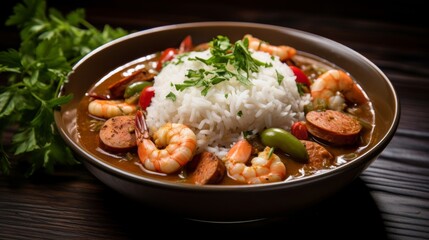 Flavorful gumbo featuring a blend of spices, succulent seafood, fresh thyme, and a side of white rice.