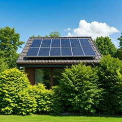 modern house with solar panels on roof, sunny day