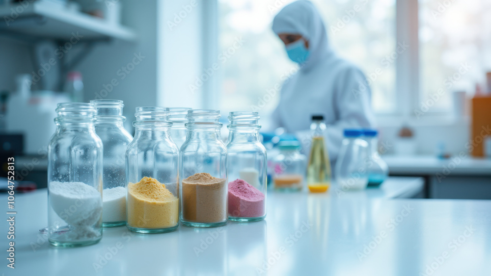 Poster chemist working with multiple bottles of various substances in a lab setting.