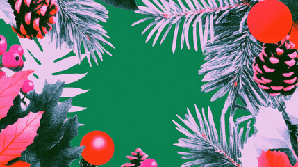 Naklejka premium Festive Holiday Frame with Pinecones and Evergreen Branches on Green Background