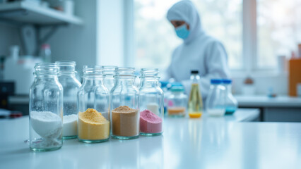 Chemist working with multiple bottles of various substances in a lab setting.