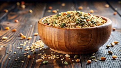 Wooden bowl overflowing with assorted seeds ideal for cooking and baking