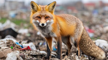 Fototapeta premium Foxes scavenge polluted urban areas mistaking trash for food fox in city landfill urban pollution impacts wildlife concept