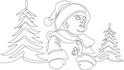 Outlined Cute Santa Claus Cartoon Character With A Sack Full Of Gifts. Vector Hand Drawn Illustration. One continuous line drawing Santa Claus on reindeer and sled. concept for Christmas and New Year