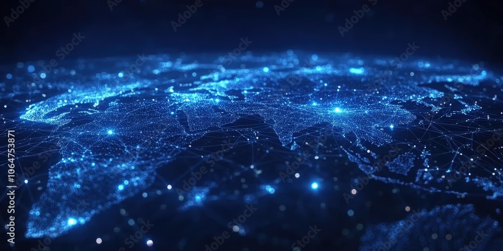 Poster blue abstract digital map of world map with lines and dots conected. suitable for travel, navigation