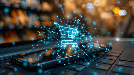 Obraz premium Futuristic online shopping technology digital payment from mobile phone