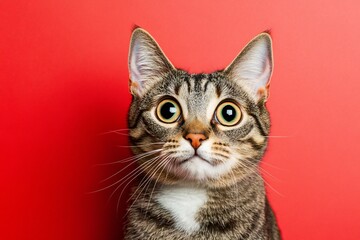 Obraz premium Angry and surprised cat isolated on red background with a funny and excited expression