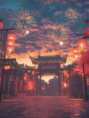 Fototapeta premium A vibrant Lunar New Year 3D style, QC rendering, lanterns and fireworks light up the ancient city streets. with generative ai