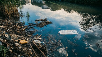 View of a polluted water source with debris showcasing how contamination worsens the water scarcity issue