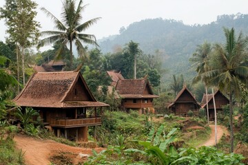 Obraz premium A serene village scene with traditional wooden houses surrounded by lush greenery and mountains.