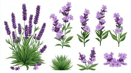 Fototapeta premium Lavender flowers and plants on a white isolated background.