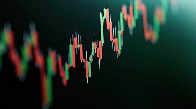 Abstract representation of stock market trends with green and red candlestick graphics on a dark background, symbolizing financial fluctuations.