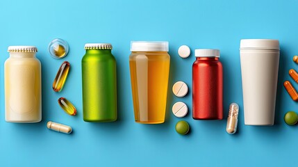 Fototapeta premium Assorted dietary supplements and vitamins in various bottles and capsules on a vibrant blue background.